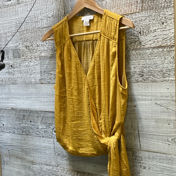 Rachel Zoe | Faux-Wrap Sleeveless Top w/ Smocking - M/L, Yellow - Picture 2 of 9